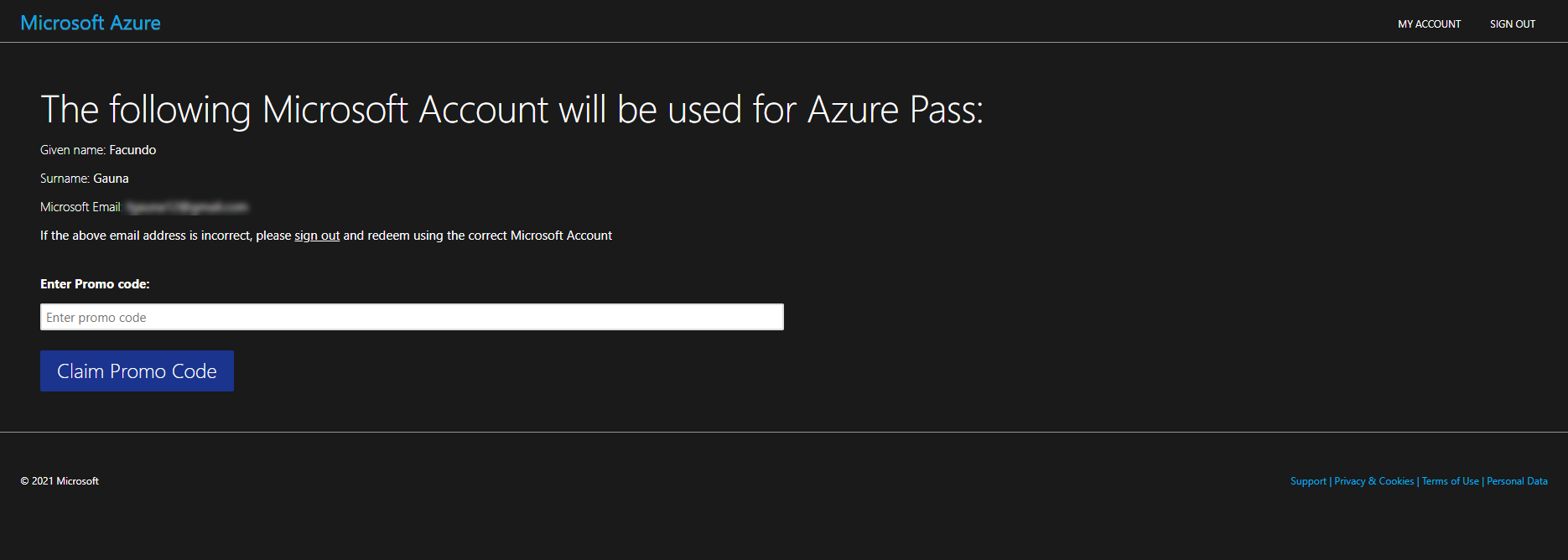 Azure Pass asking for a code
